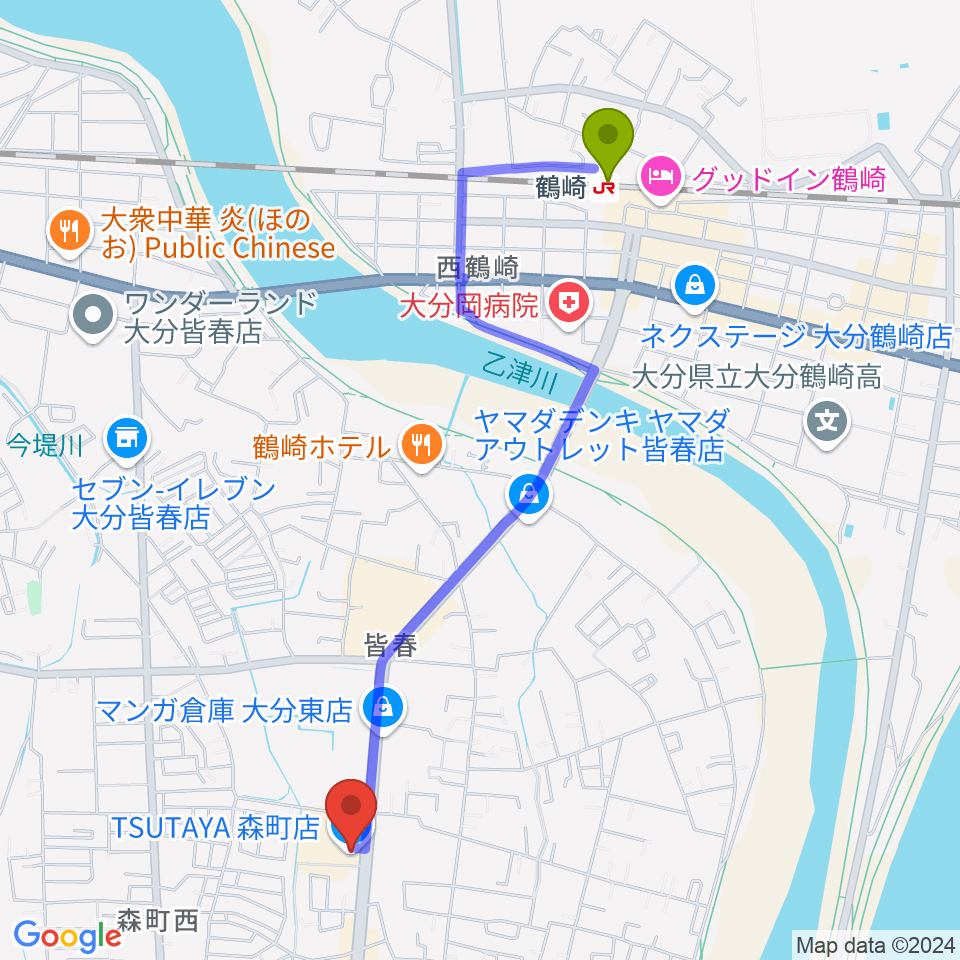 TSUTAYA 森町店の最寄駅鶴崎駅からの徒歩ルート（約24分） -